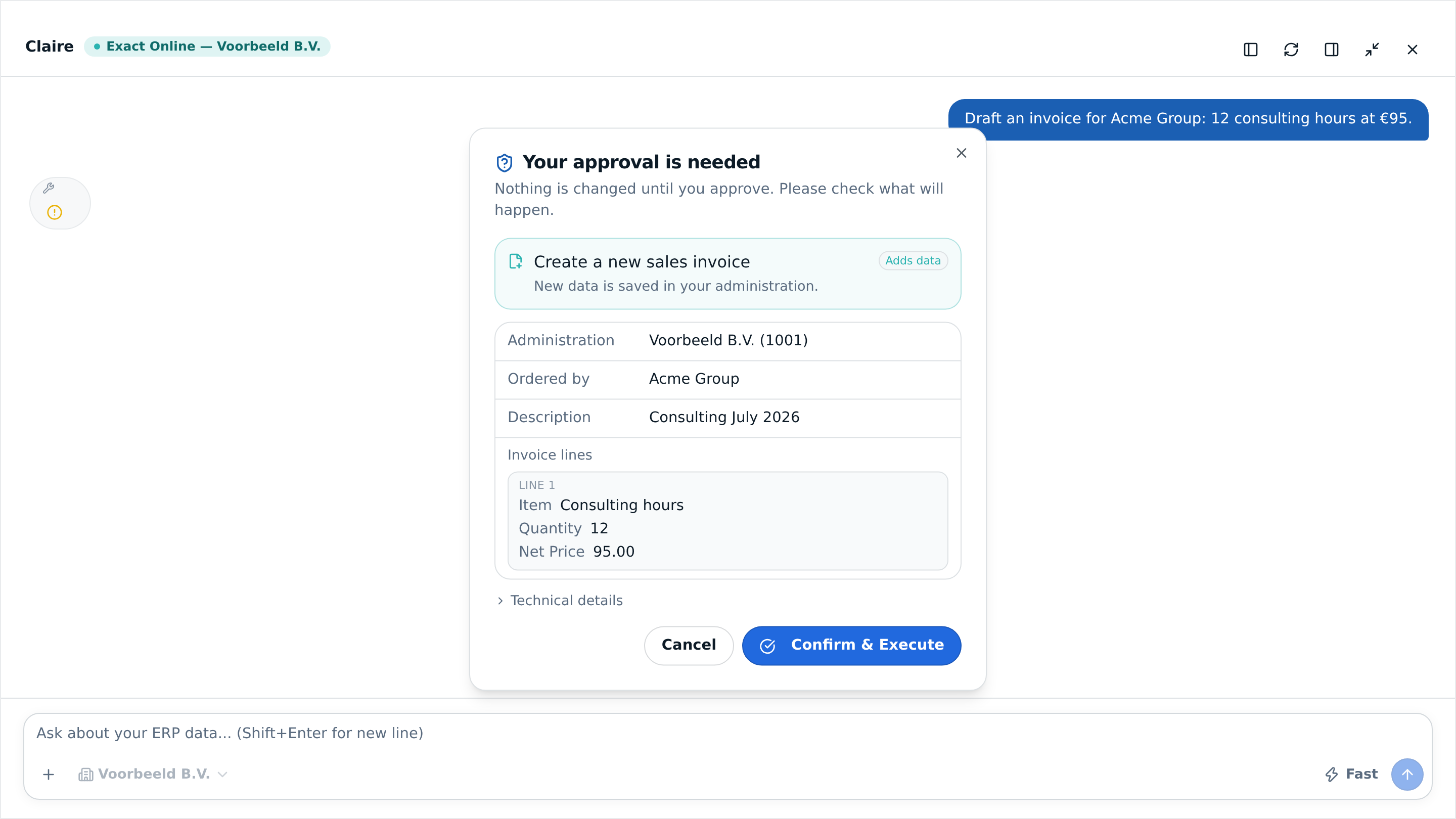 The Claire approval dialog for creating a sales invoice, with administration and invoice lines