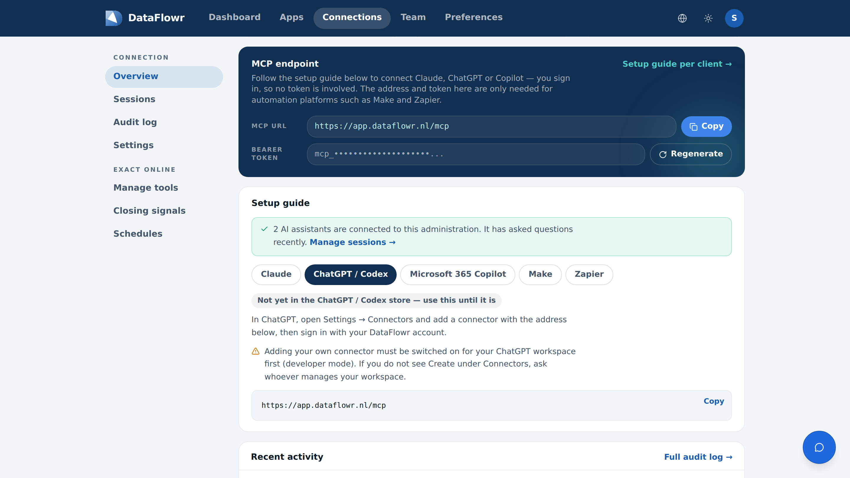 The connection page in the Claire app with the MCP address and the setup guide for ChatGPT