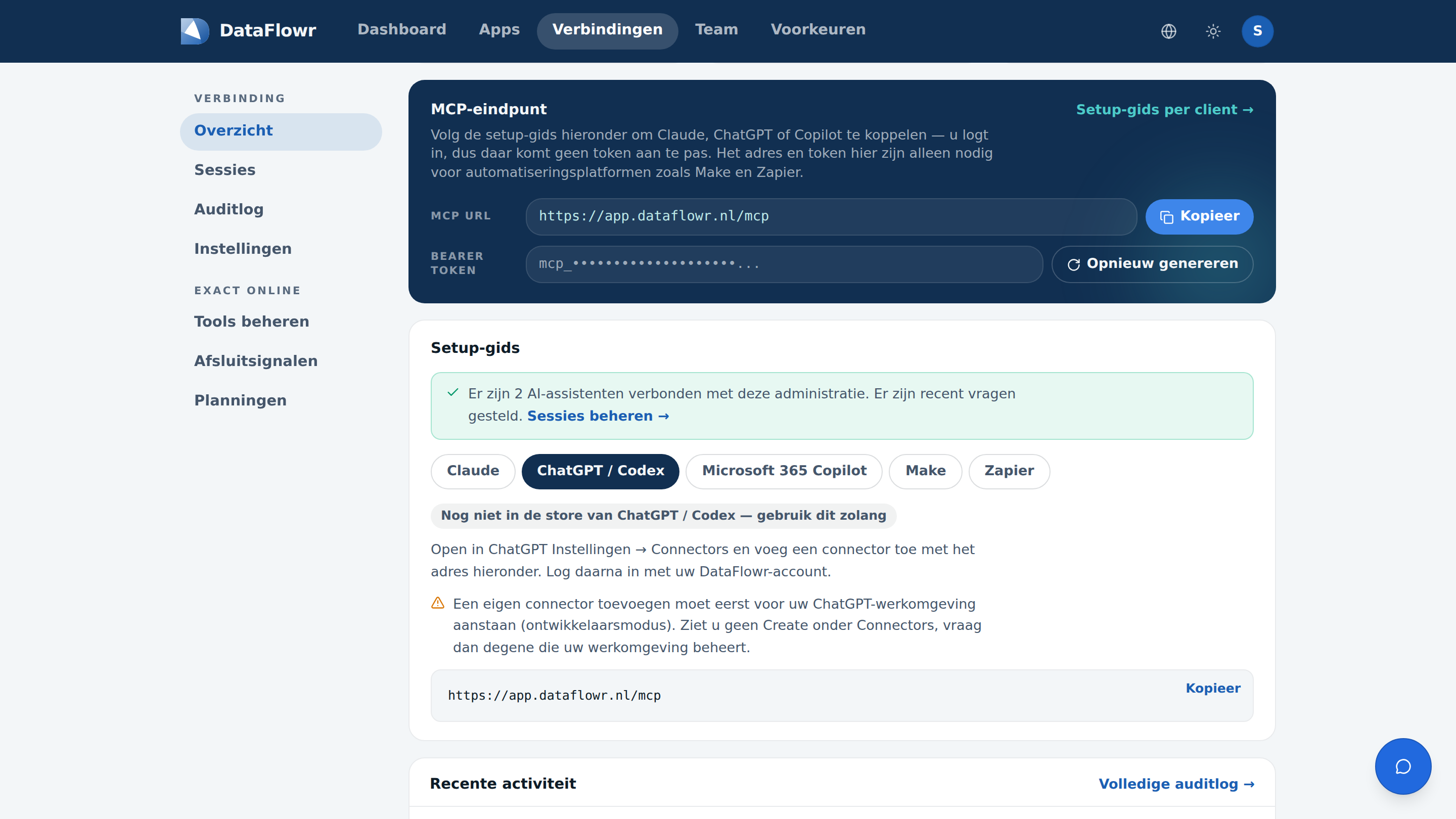 De verbindingspagina in de Claire-app met het MCP-adres en de setup-gids voor ChatGPT