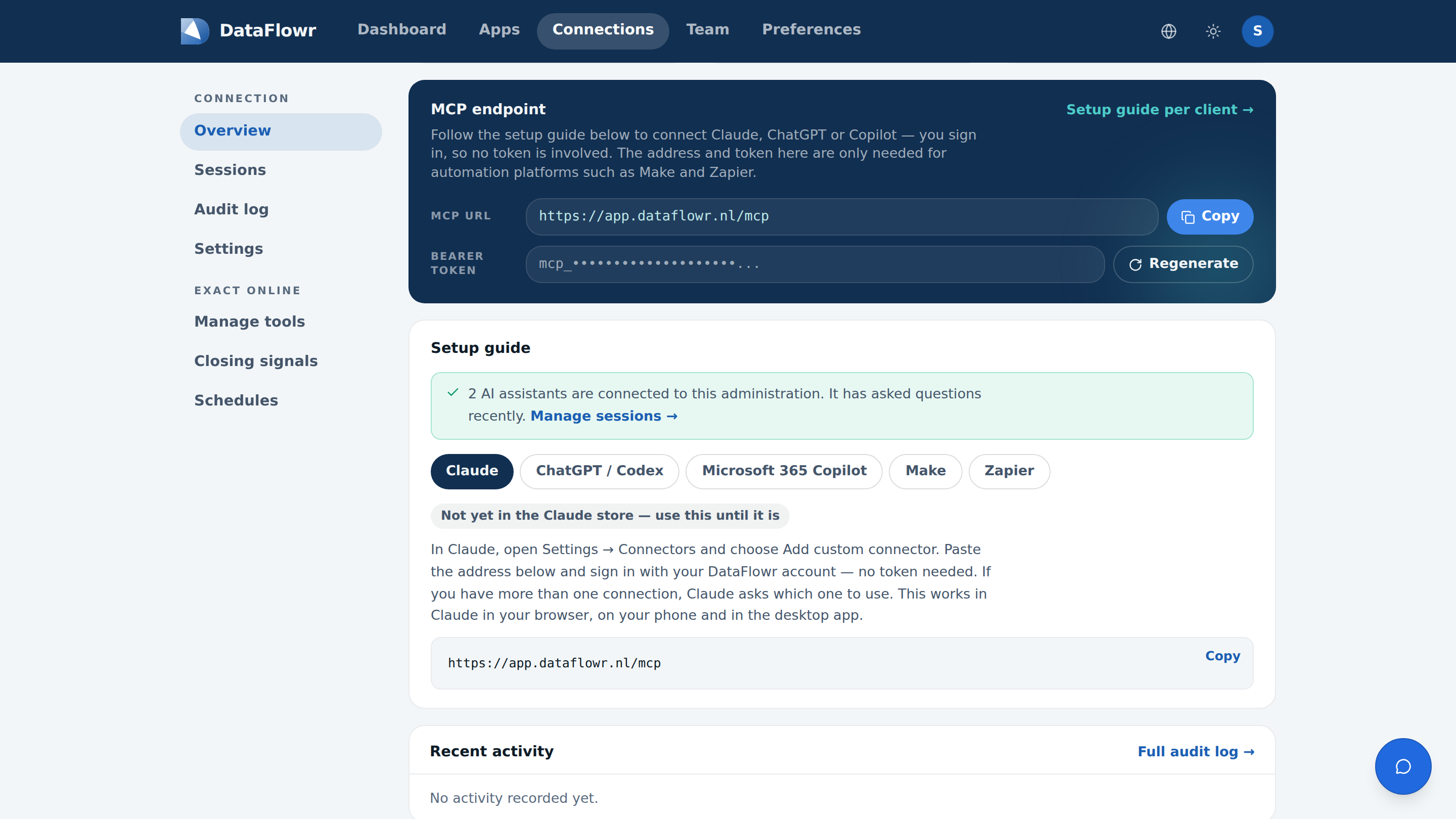 The connection page in the Claire app with the MCP address and the setup guide for Claude