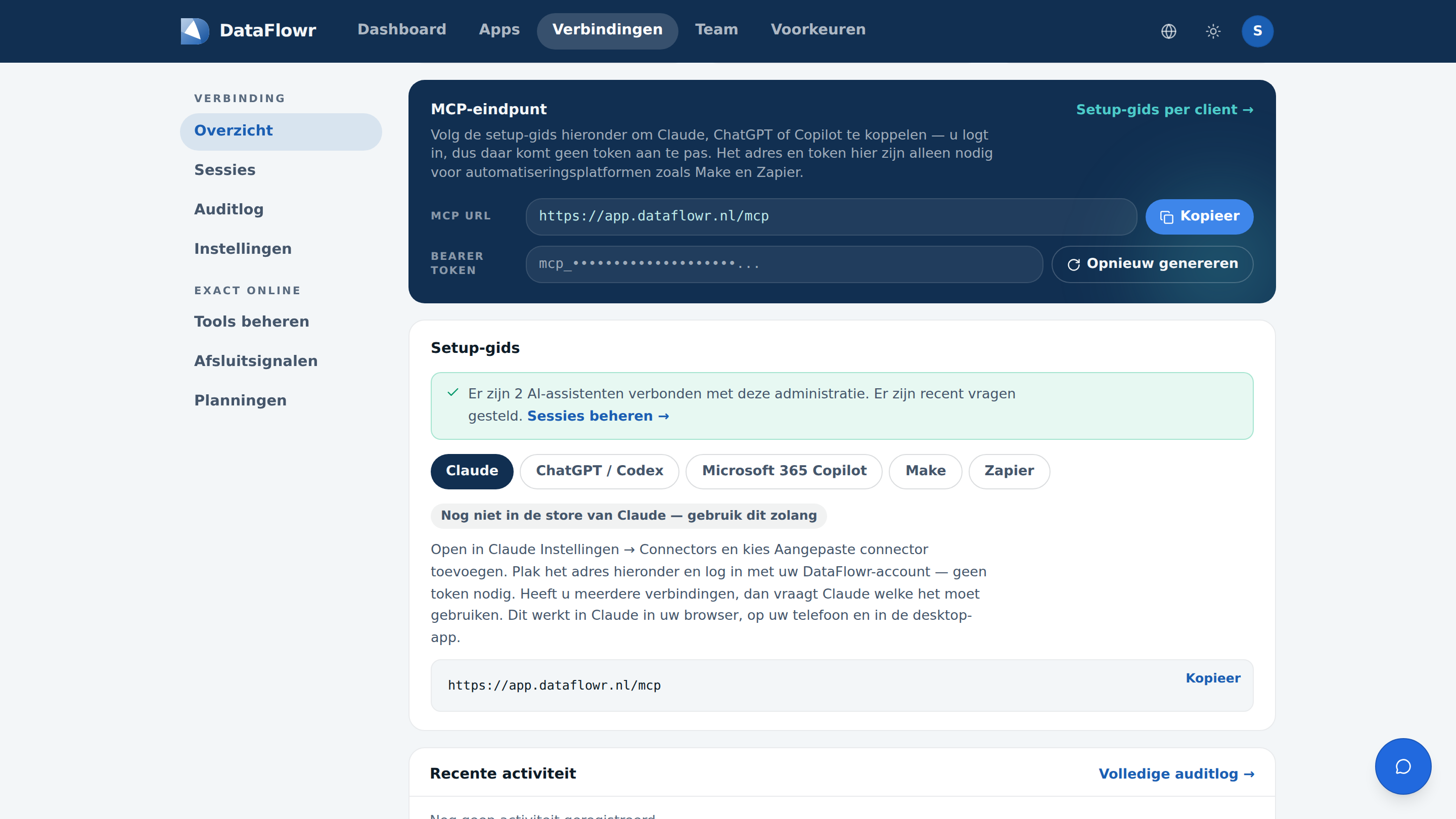 De verbindingspagina in de Claire-app met het MCP-adres en de setup-gids voor Claude
