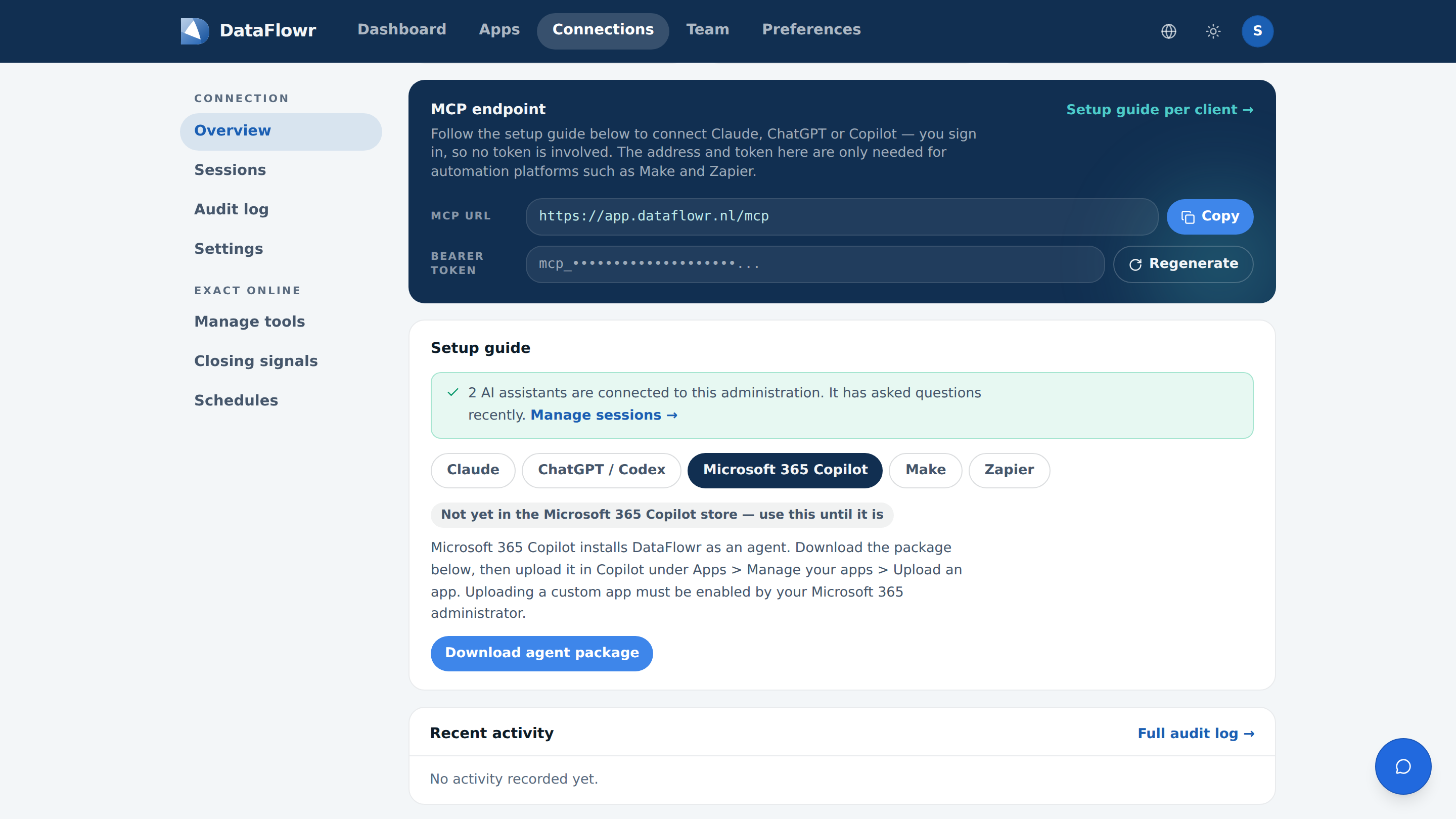 The connection page in the Claire app with the setup guide and download button for Microsoft 365 Copilot