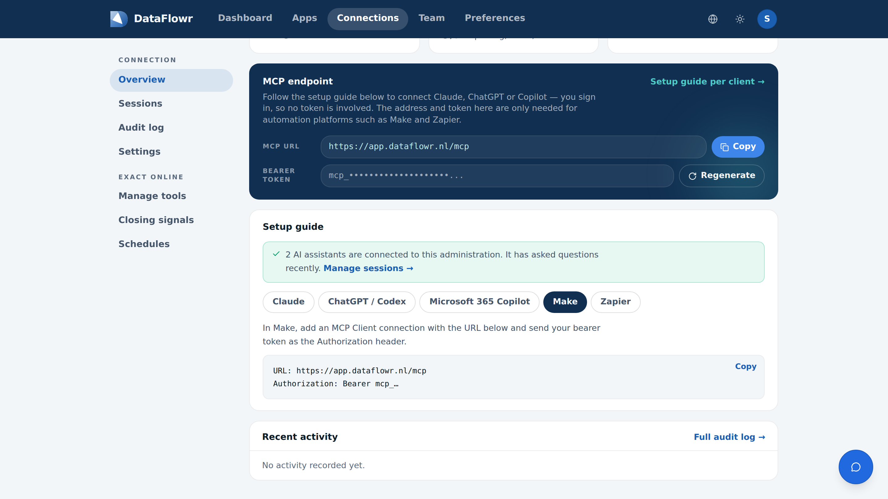 The connection page in the Claire app with the MCP address, the bearer token and the setup guide for Make