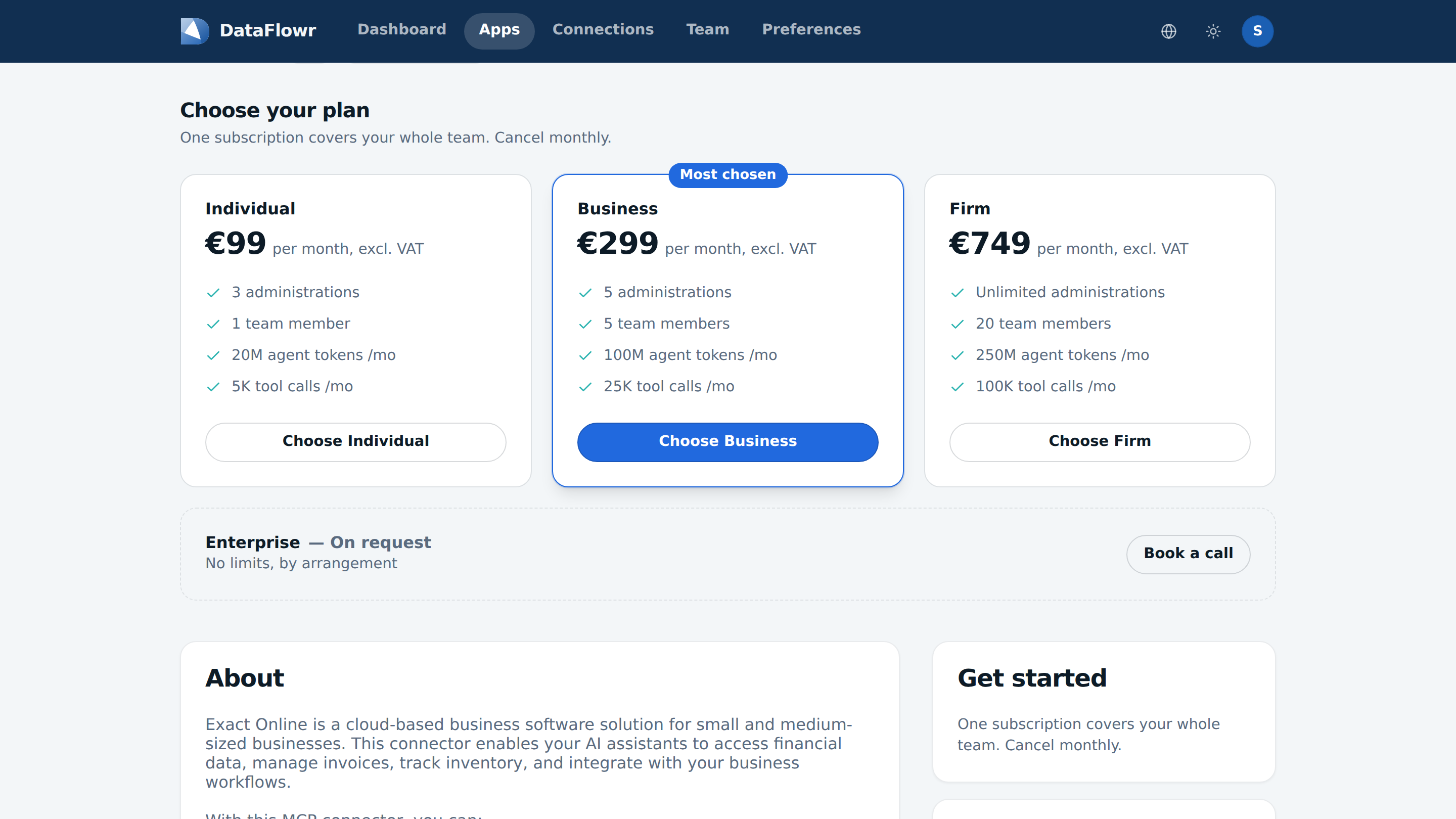 The plan chooser in the Claire app with the Individual, Business and Firm plans