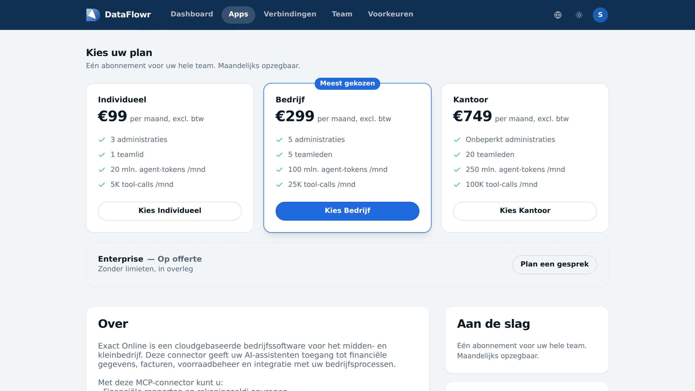 De plankiezer in de Claire-app met de plannen Individueel, Bedrijf en Kantoor