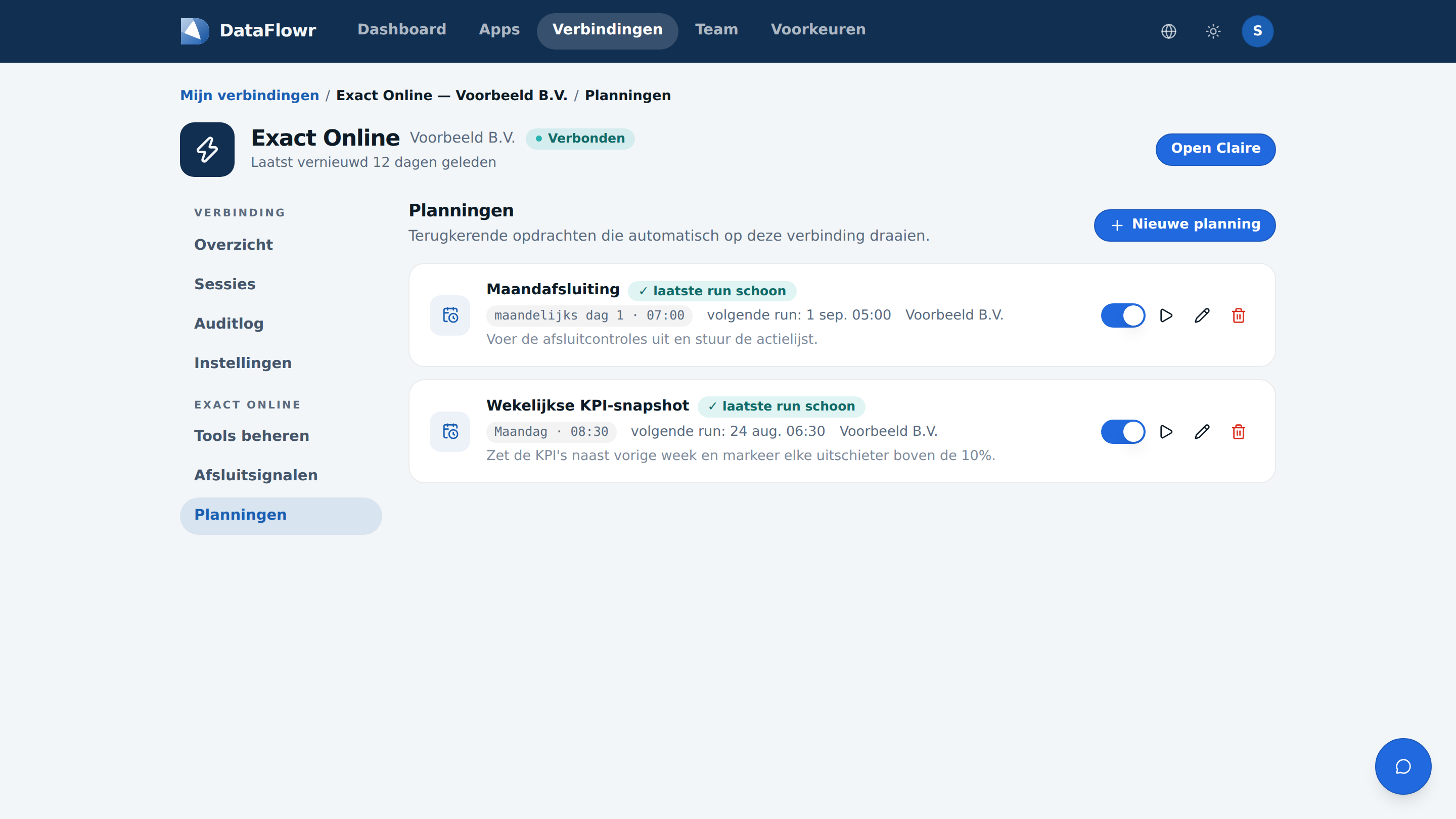 Het scherm Planningen met een maandelijkse afsluiting en een wekelijkse KPI-snapshot, beide met een schone laatste run