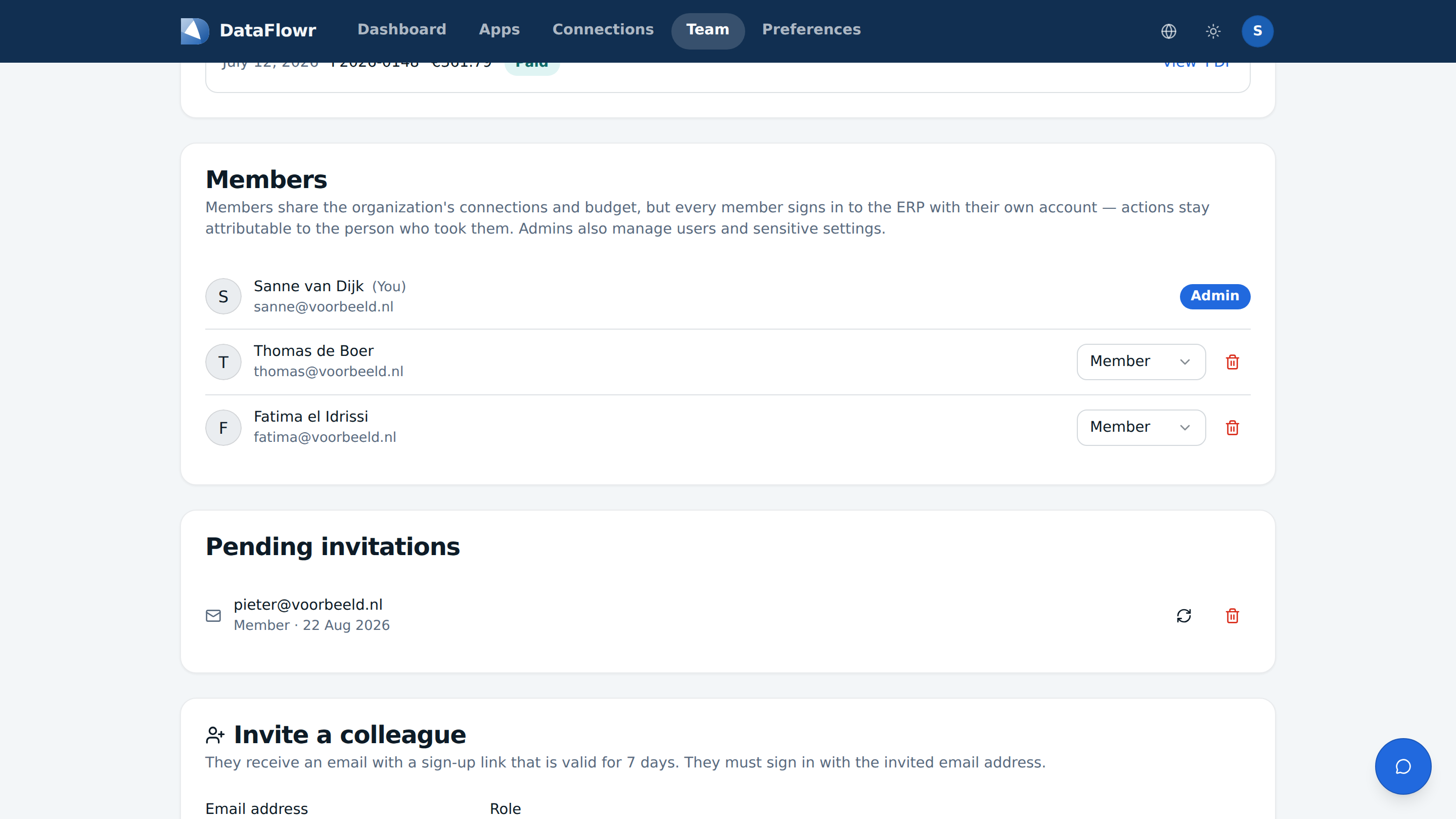 The Team page with three members, their roles, a pending invitation and the invite form