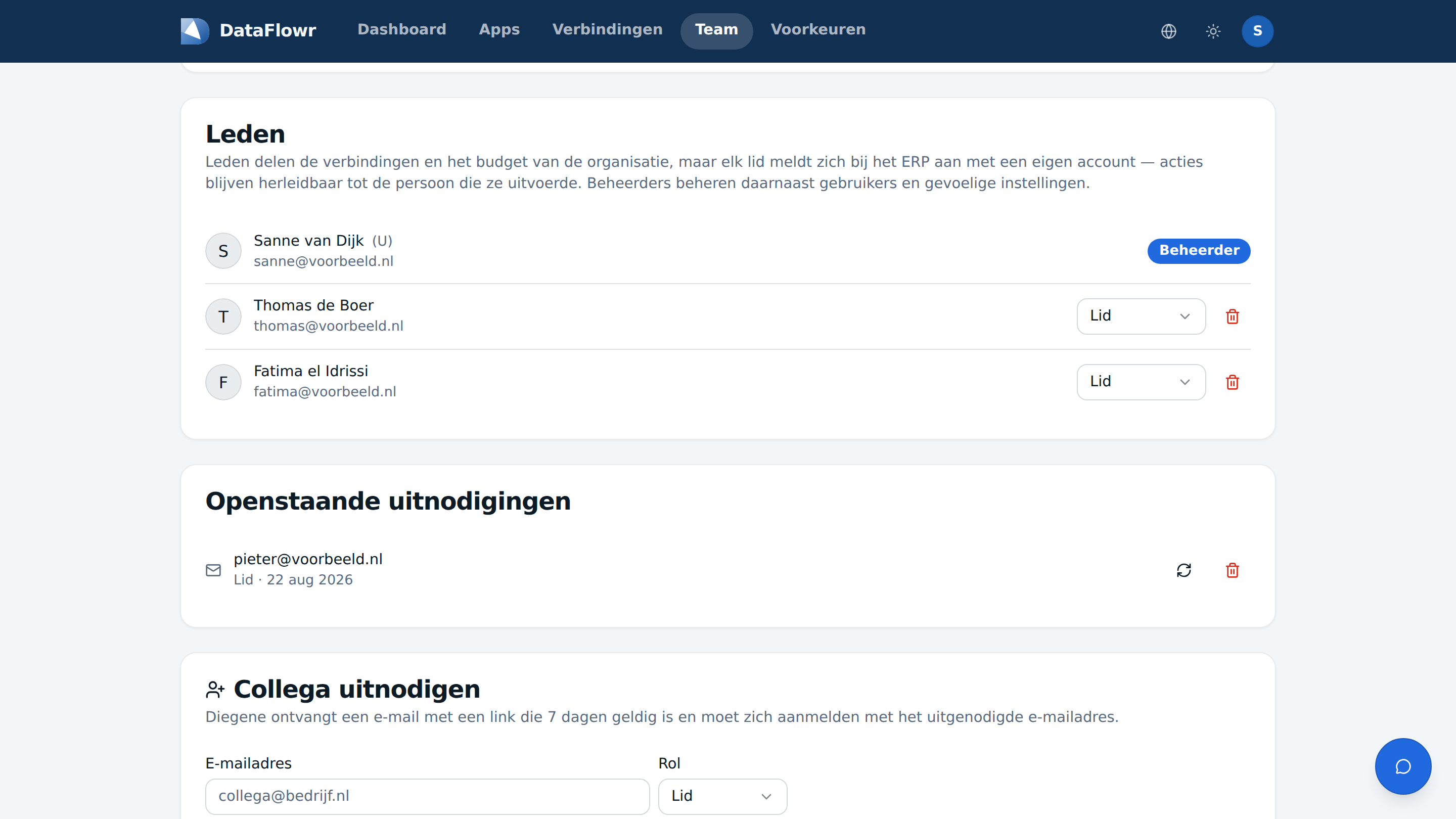 De Team-pagina met drie leden, hun rollen, een openstaande uitnodiging en het uitnodigingsformulier