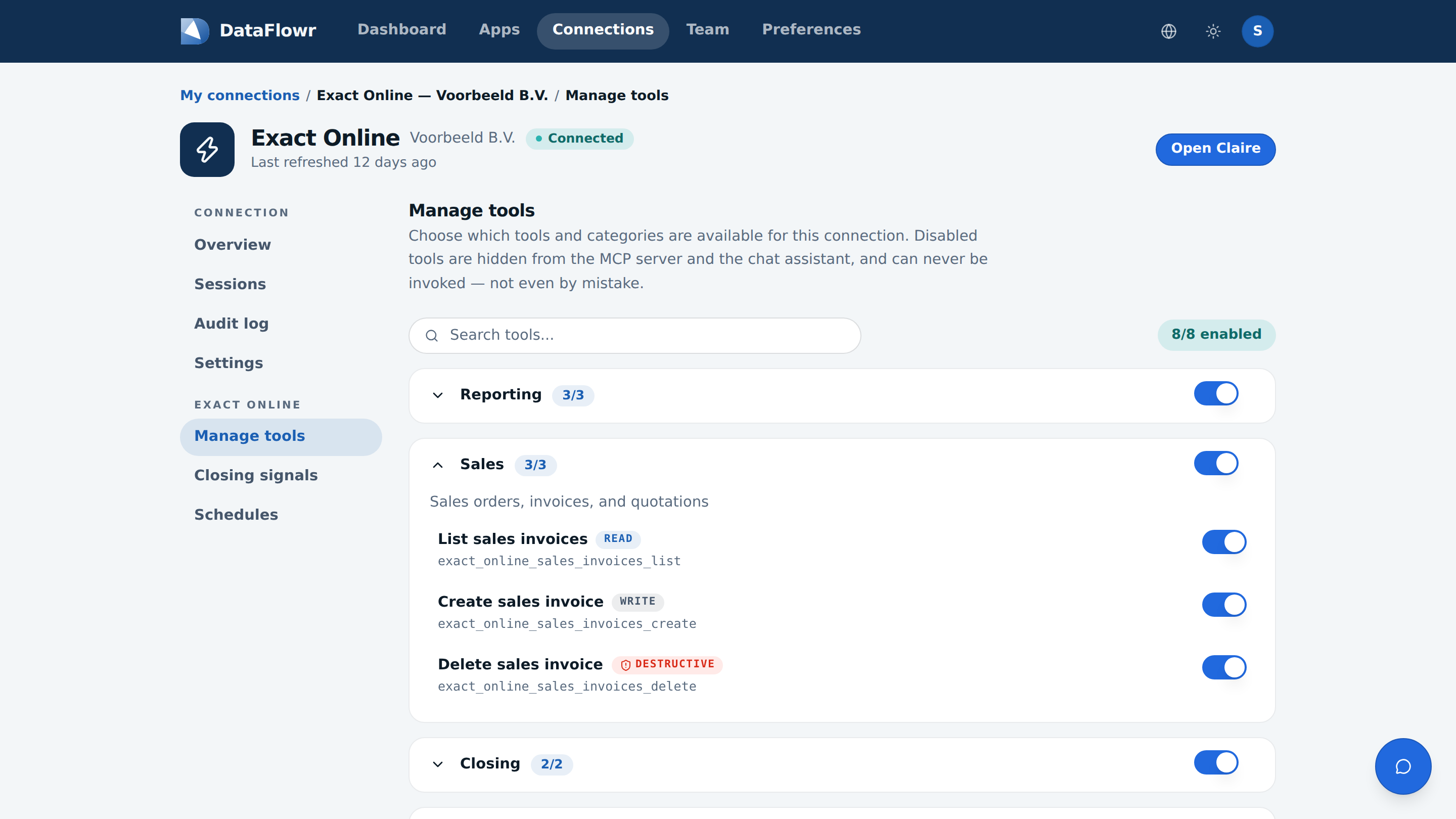 The Manage tools screen with categories and, per tool, a switch and the label read, write or destructive
