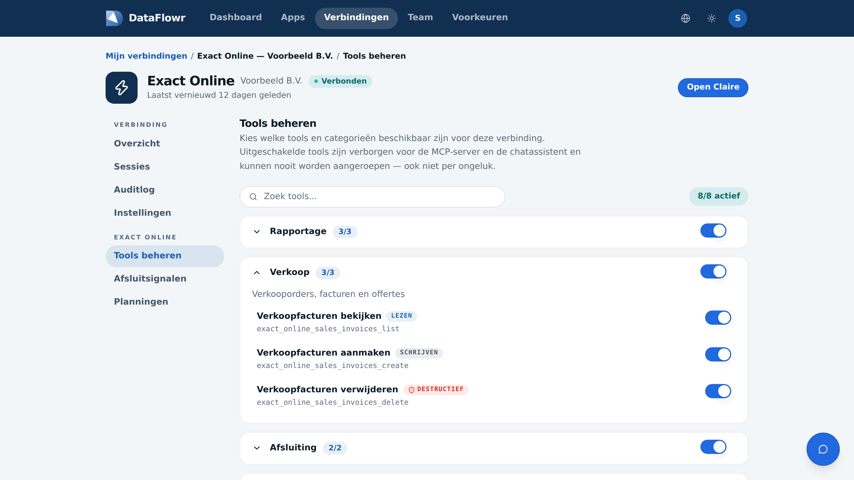 Het scherm Tools beheren met categorieën en per tool een schakelaar en het label lezen, schrijven of destructief