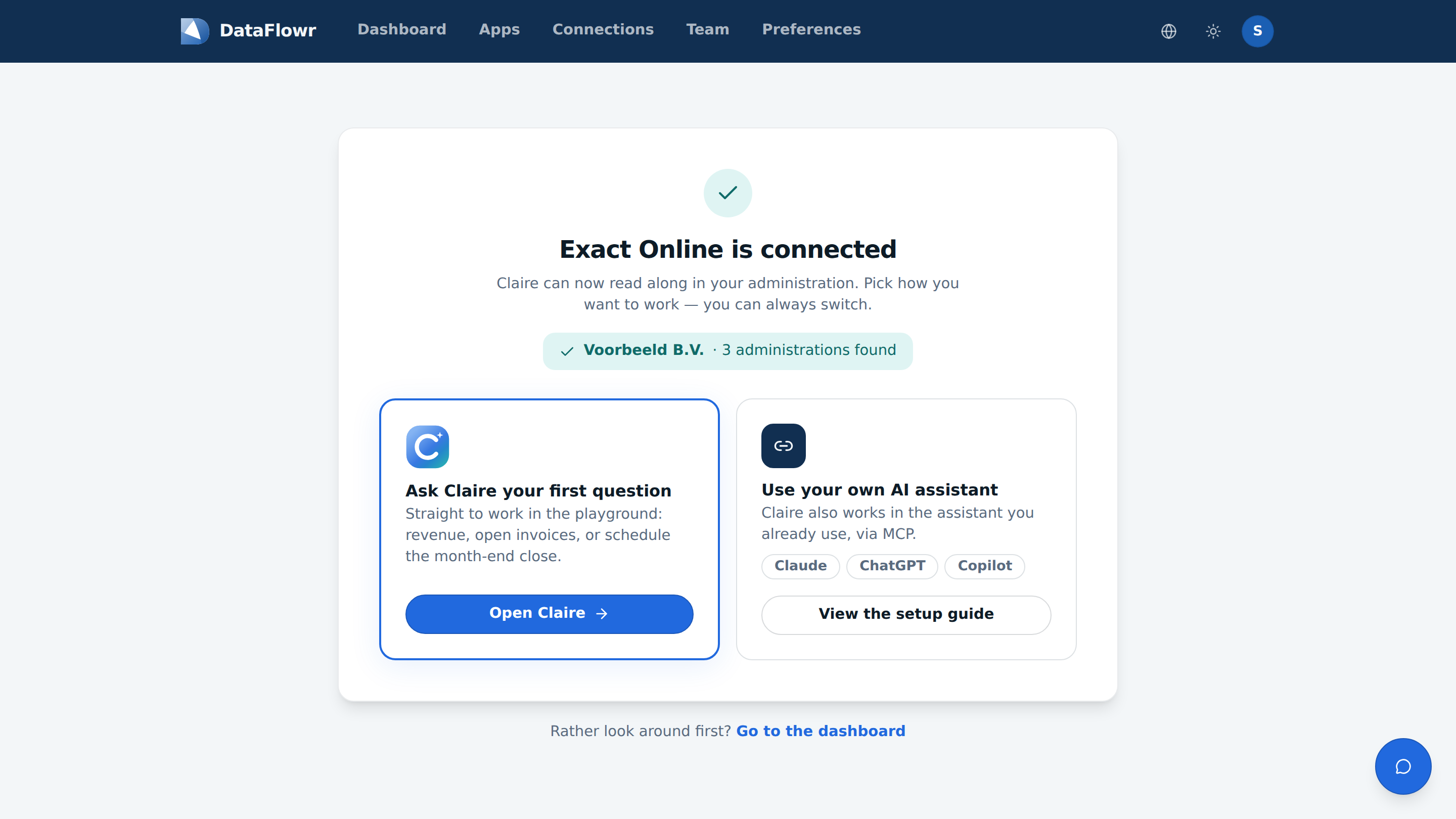 The confirmation page after connecting: Exact Online is connected, with the Open Claire button
