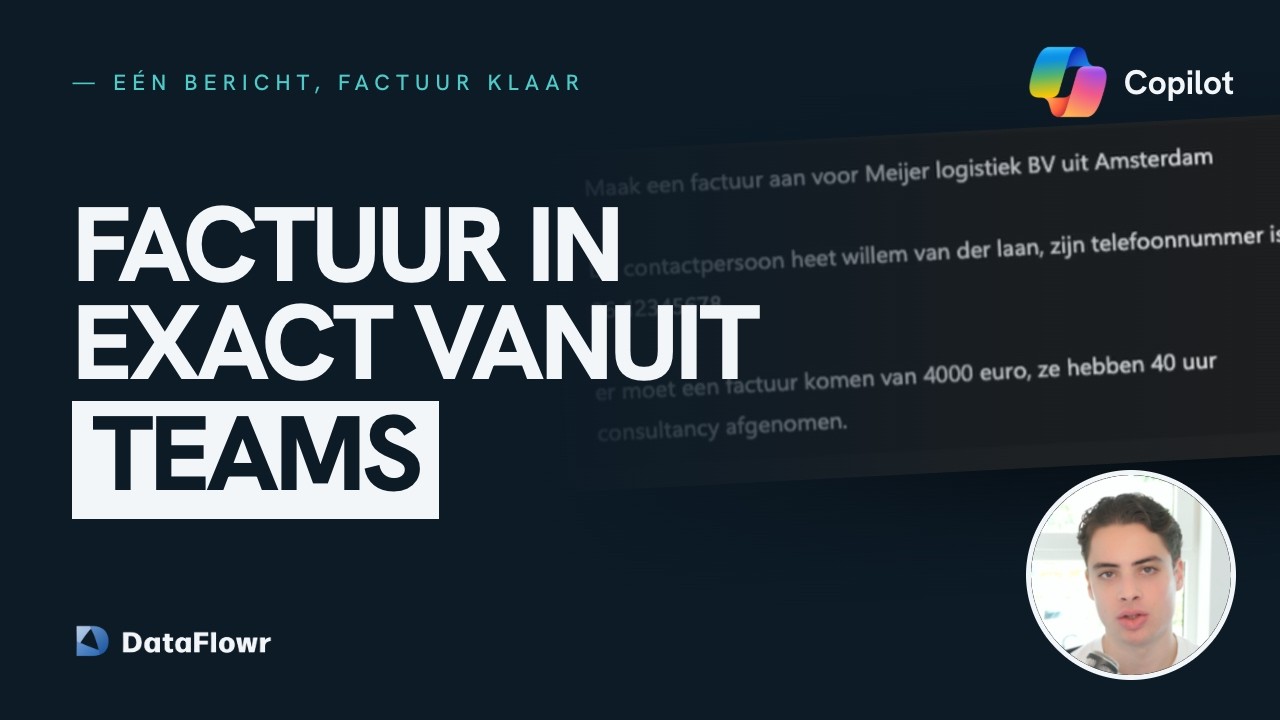 Opening frame of the video demo: the Copilot prompt for Meijer Logistiek BV in Microsoft Teams, under the Dutch title “Factuur in Exact vanuit Teams”