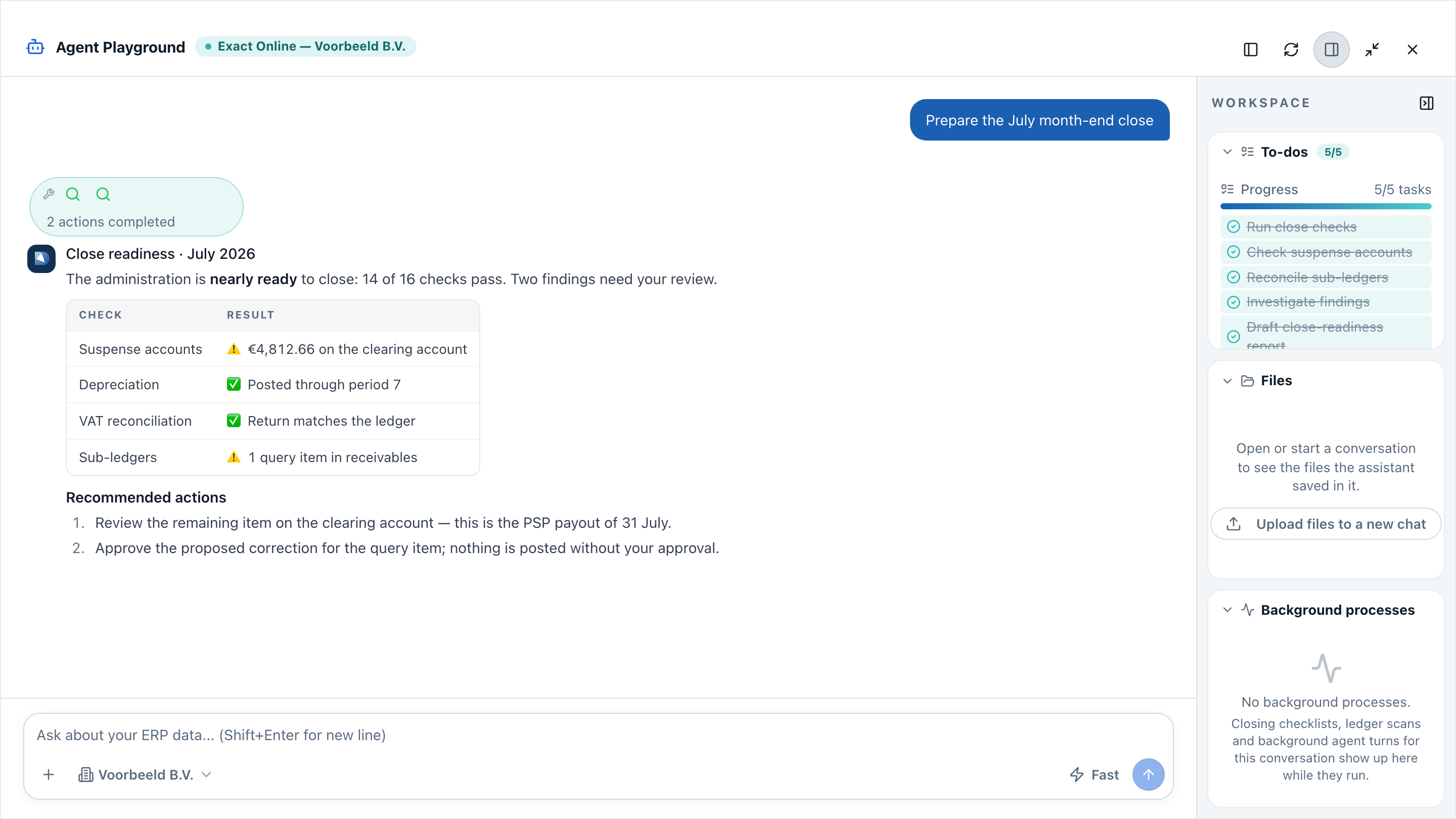 Claire’s agent workspace with a close-readiness report: check results and recommended actions for the July month-end close