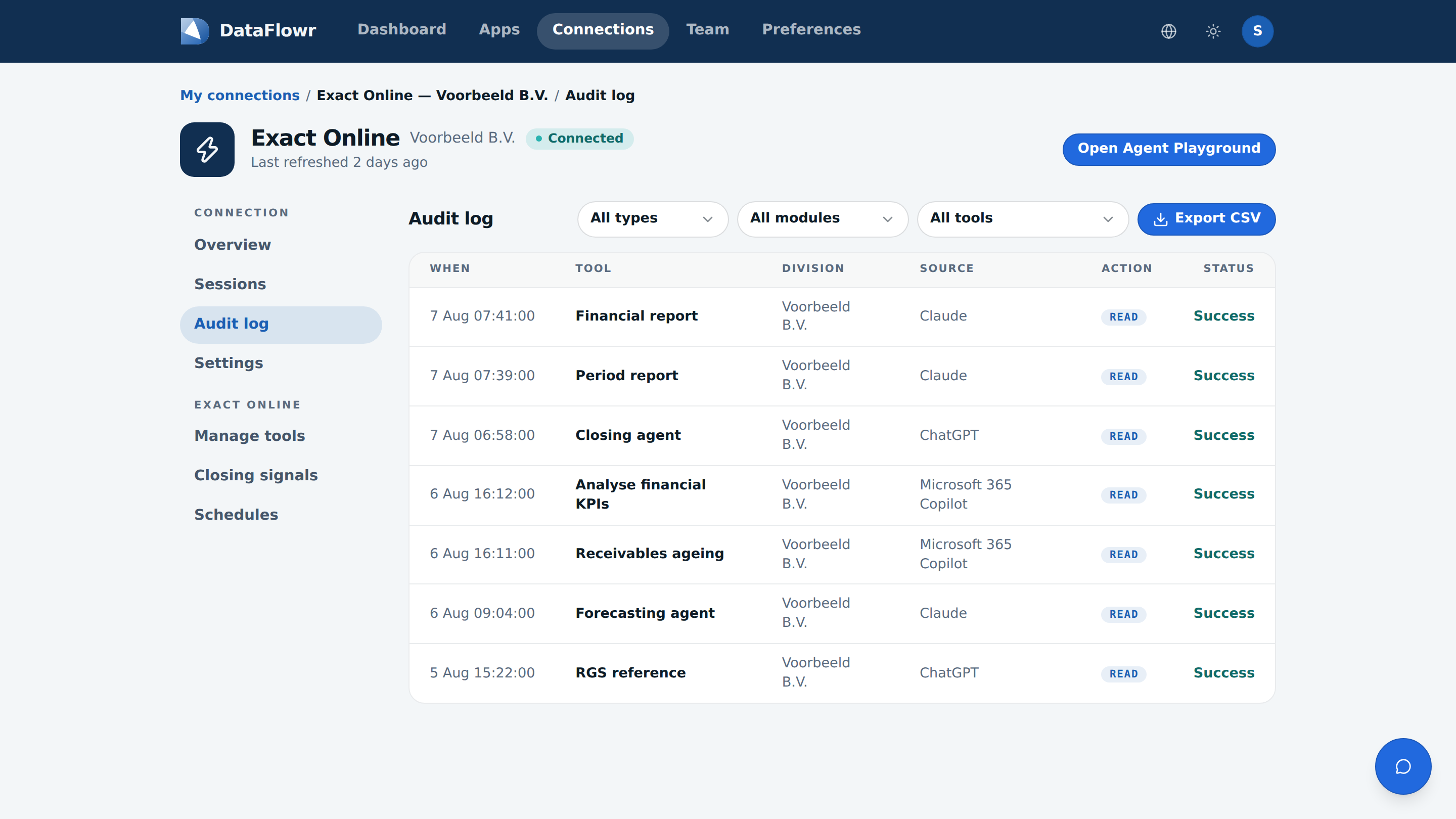 A connection’s audit log with the time, tool, administration, the assistant that made the call, the action type and the status per row